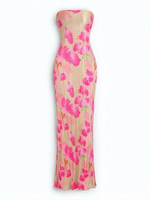 | Strapless midi dress in neon bloom pleats