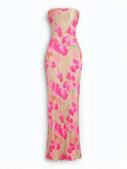 | Strapless midi dress in neon bloom pleats