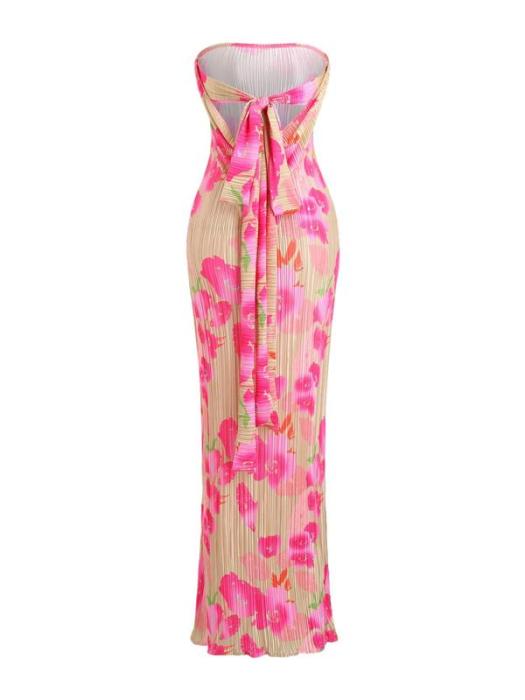 | Strapless midi dress in neon bloom pleats