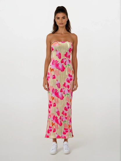 | Strapless midi dress in neon bloom pleats