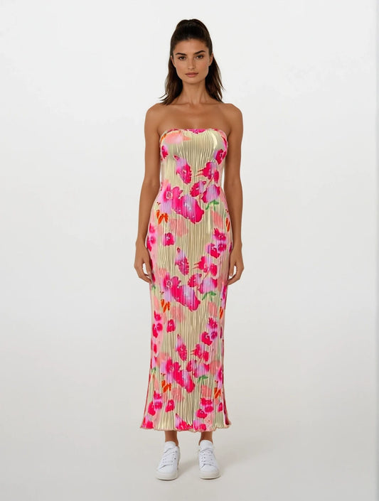 | Strapless midi dress in neon bloom pleats