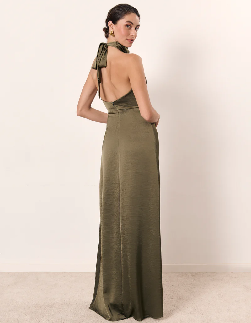 | Ruched Neckline Halter Evening Gown