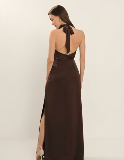 | Ruched Neckline Halter Evening Gown