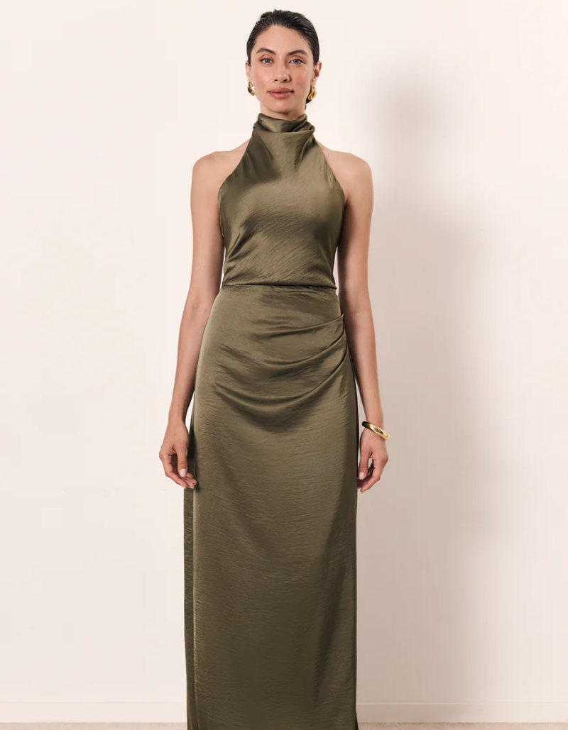 | Ruched Neckline Halter Evening Gown