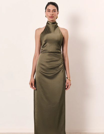 | Ruched Neckline Halter Evening Gown