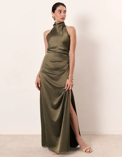 | Ruched Neckline Halter Evening Gown