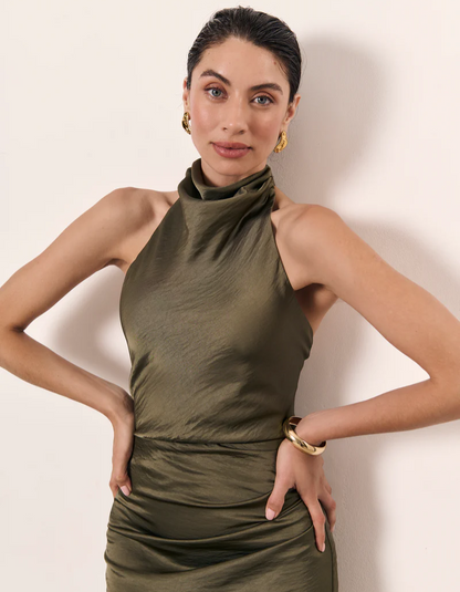 | Ruched Neckline Halter Evening Gown