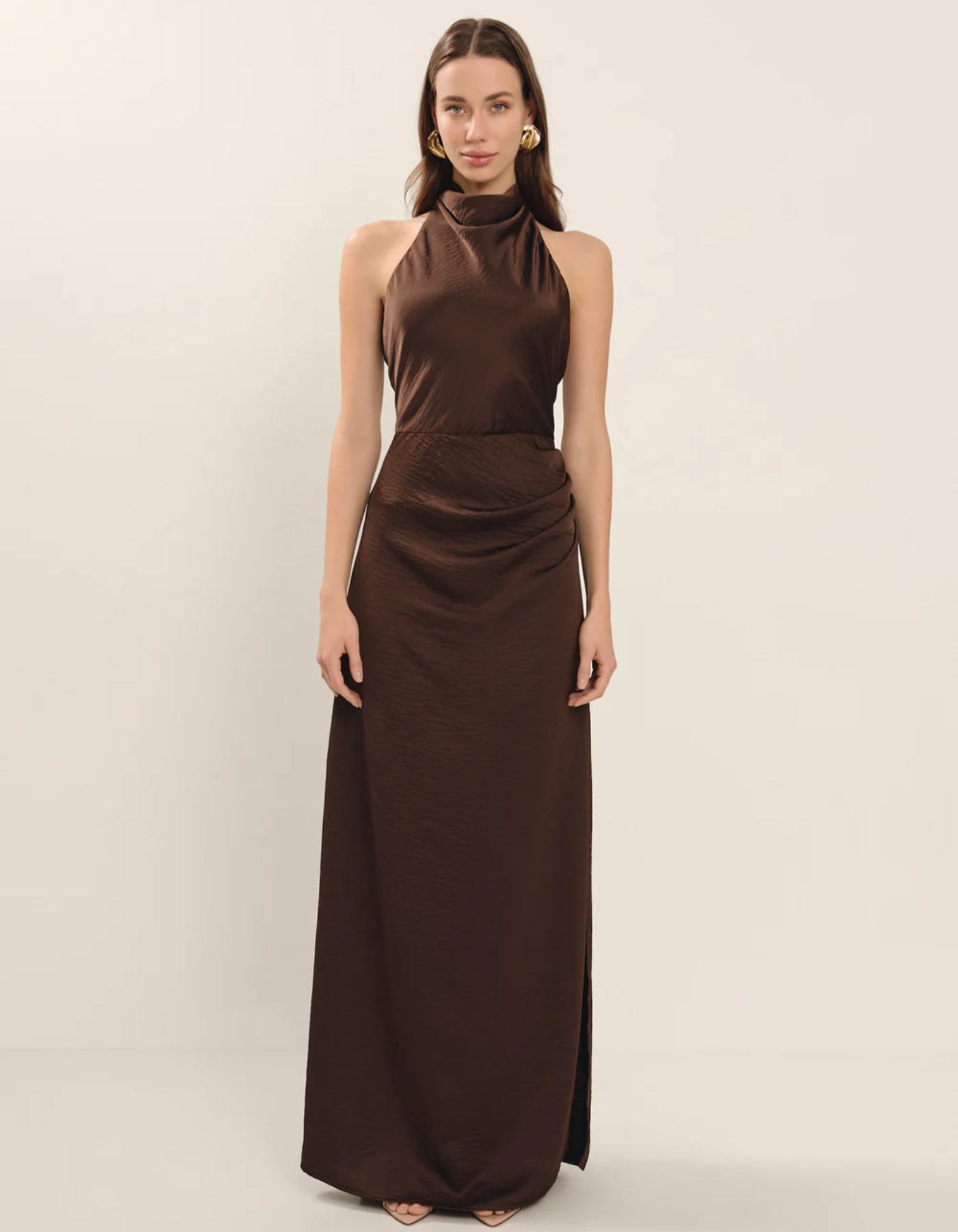 | Ruched Neckline Halter Evening Gown