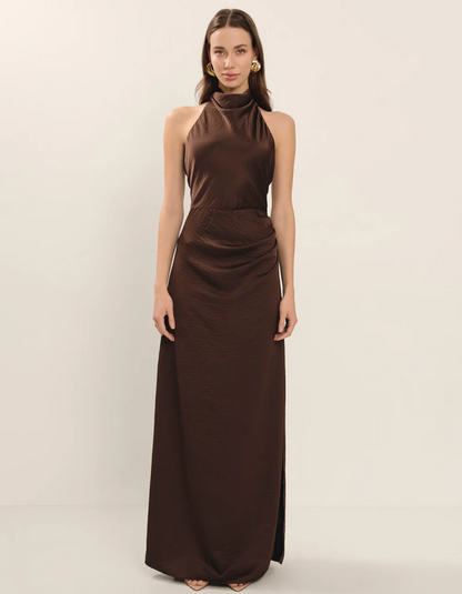 | Ruched Neckline Halter Evening Gown