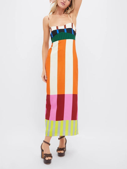 Square Neck Spaghetti Strap Color Block Panel Stripe Midi Dress