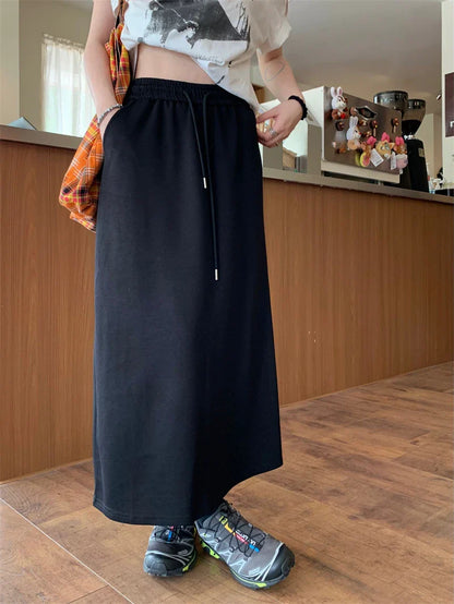 DressBetty - Solid Color Elastic Drawstring Straight Long Skirt
