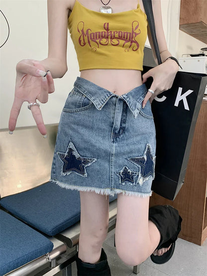 DressBetty - Y2k Star Patch Raw Hem Cuffs A-line Short Skirt