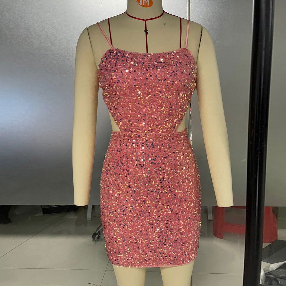 Spaghetti Strap Square Neck Side Waist Cutout Sequin Bodycon Mini Dress