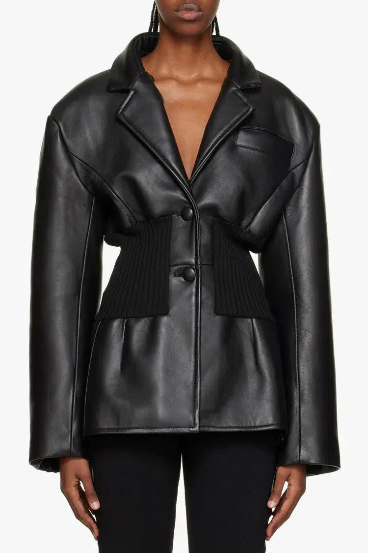 | Ribbed Knit Panels Faux Leather Jacket