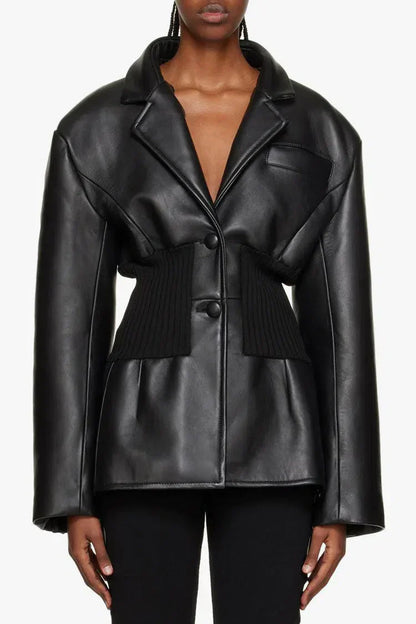 | Ribbed Knit Panels Faux Leather Jacket