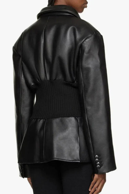 | Ribbed Knit Panels Faux Leather Jacket
