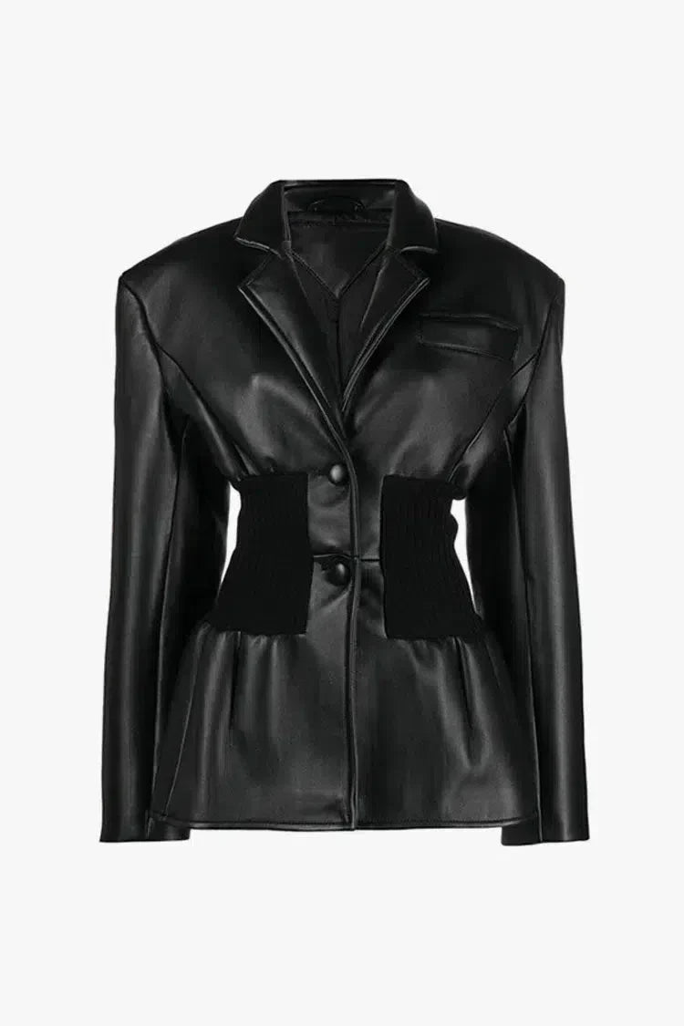 | Ribbed Knit Panels Faux Leather Jacket