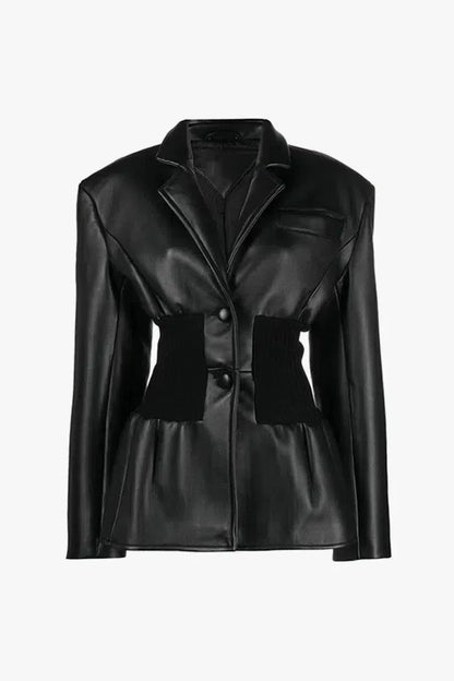 | Ribbed Knit Panels Faux Leather Jacket