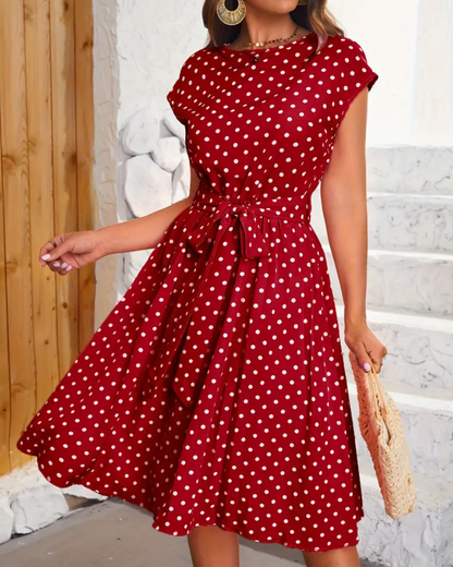 Polka Dot Cap Sleeve Self-Tie Waist Accordion Pleat Midi Dress