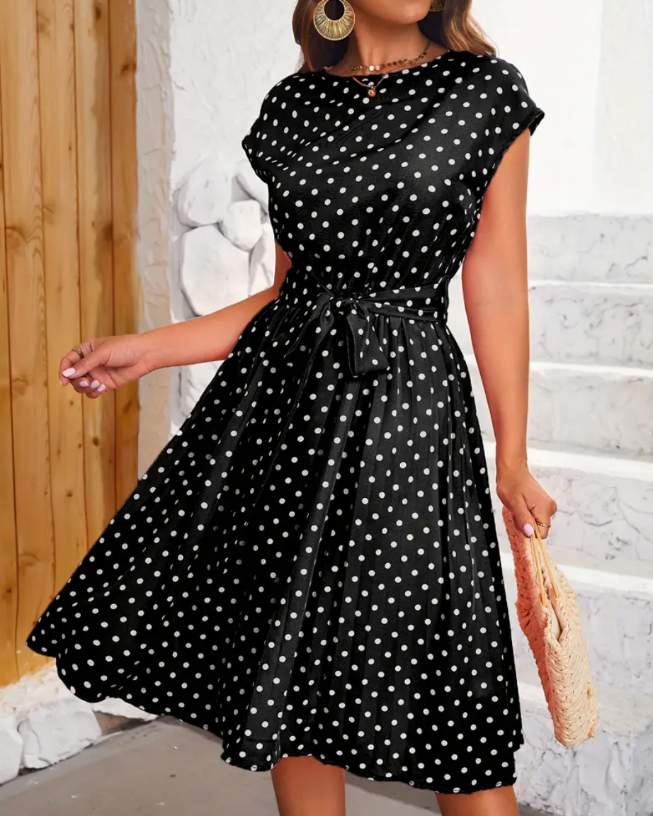 Polka Dot Cap Sleeve Self-Tie Waist Accordion Pleat Midi Dress