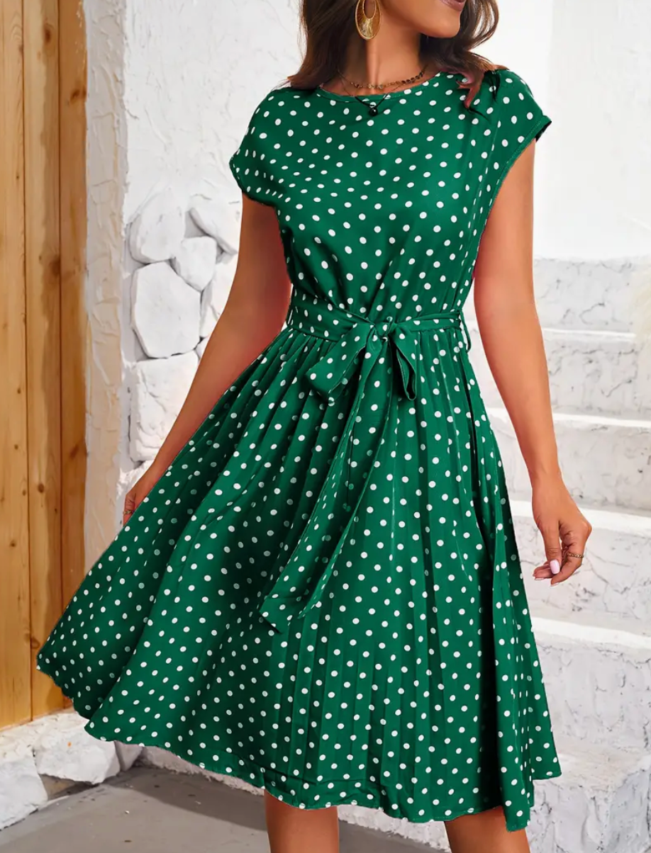 Polka Dot Cap Sleeve Self-Tie Waist Accordion Pleat Midi Dress