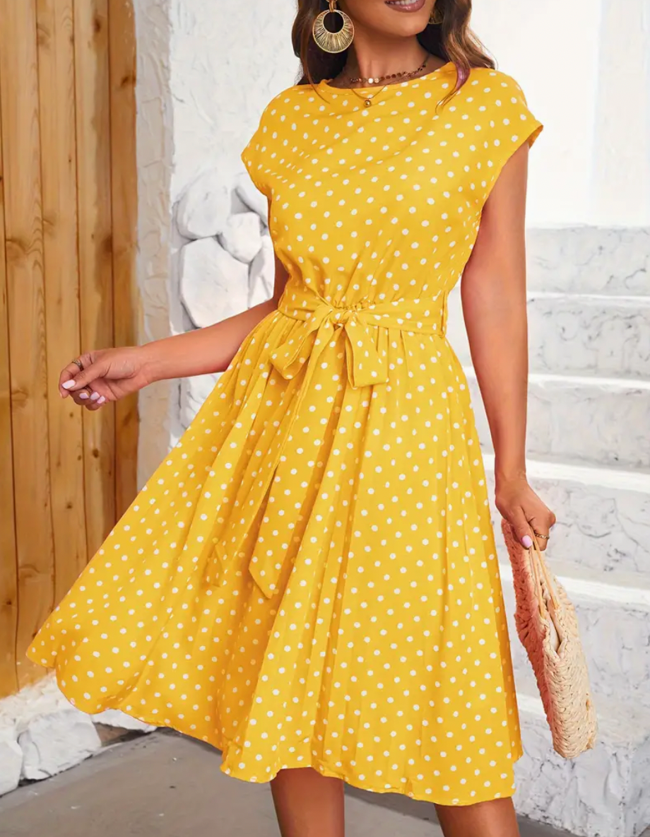 Polka Dot Cap Sleeve Self-Tie Waist Accordion Pleat Midi Dress