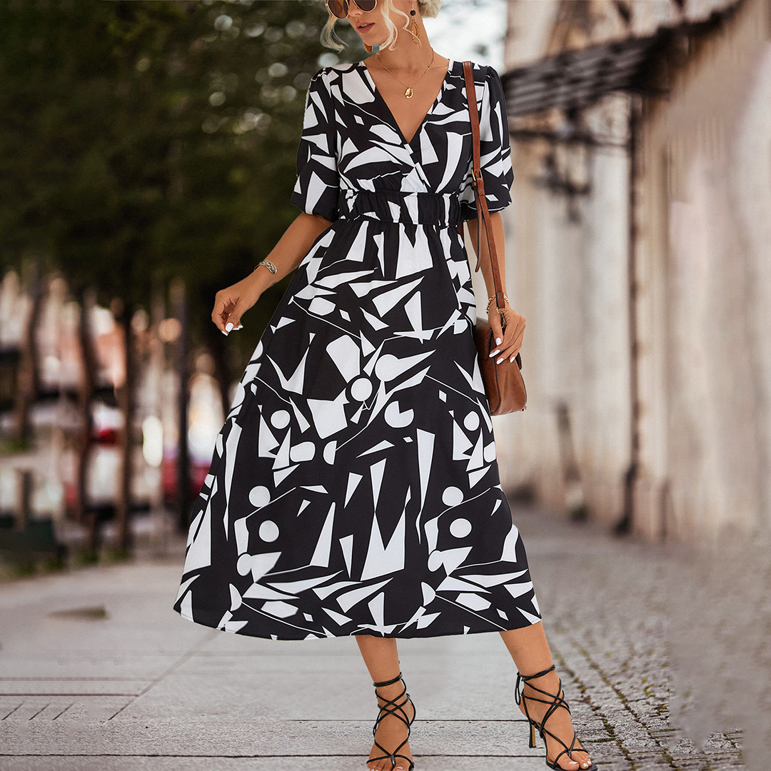 Deep V-Neck Puff Sleeve Smocked Waist Abstract Geometric Print Midi Dress