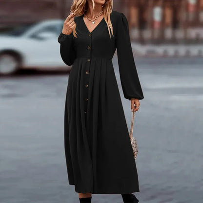 Deep V-Neck Bishop Sleeve Button-Front Pleated A-Line Midi Dress