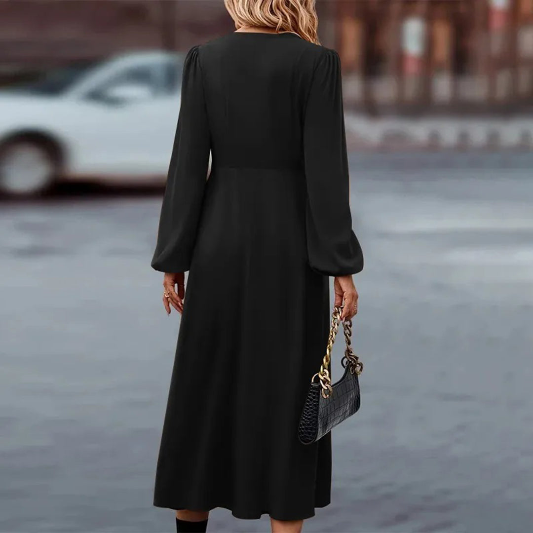Deep V-Neck Bishop Sleeve Button-Front Pleated A-Line Midi Dress
