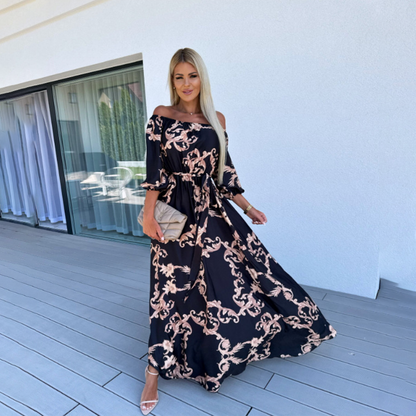 Off Shoulder Puff Sleeve Self Tie Belt Baroque Print Maxi Dress
