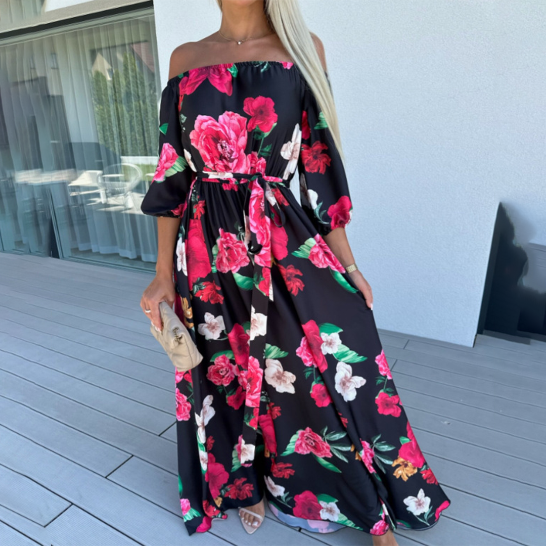 Off Shoulder Puff Sleeve Self Tie Belt Baroque Print Maxi Dress