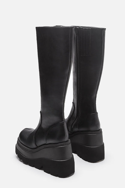 Black Kneel High Wedge Platform Boots
