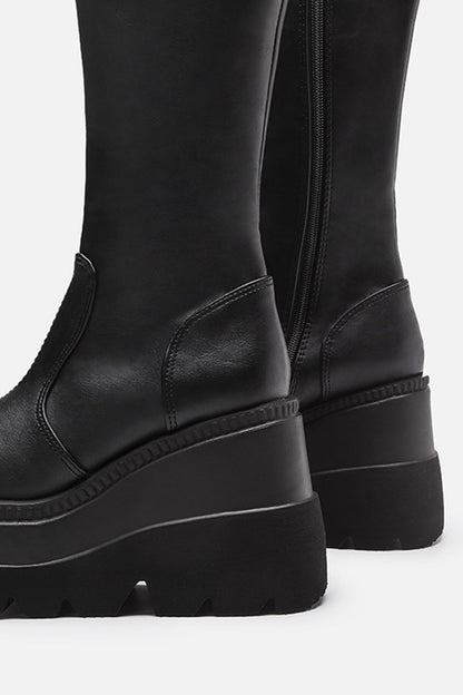 Black Kneel High Wedge Platform Boots