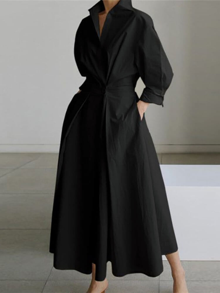 Collared Twist Waist Puff Sleeve Pocket Maxi Shirt Dress