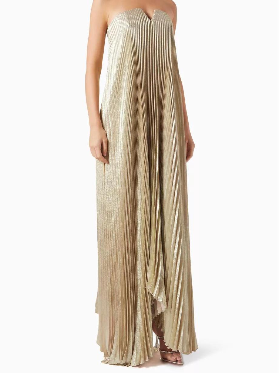 Strapless Metallic Plisse V-Notch Trapeze Maxi Gown
