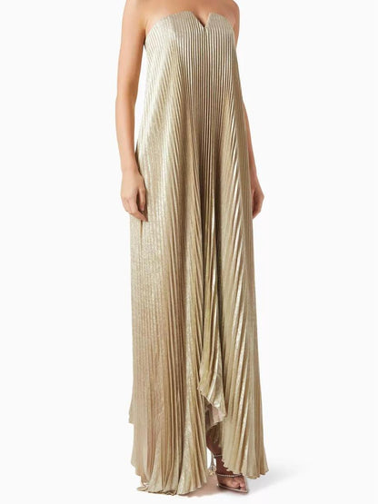 Strapless Metallic Plisse V-Notch Trapeze Maxi Gown