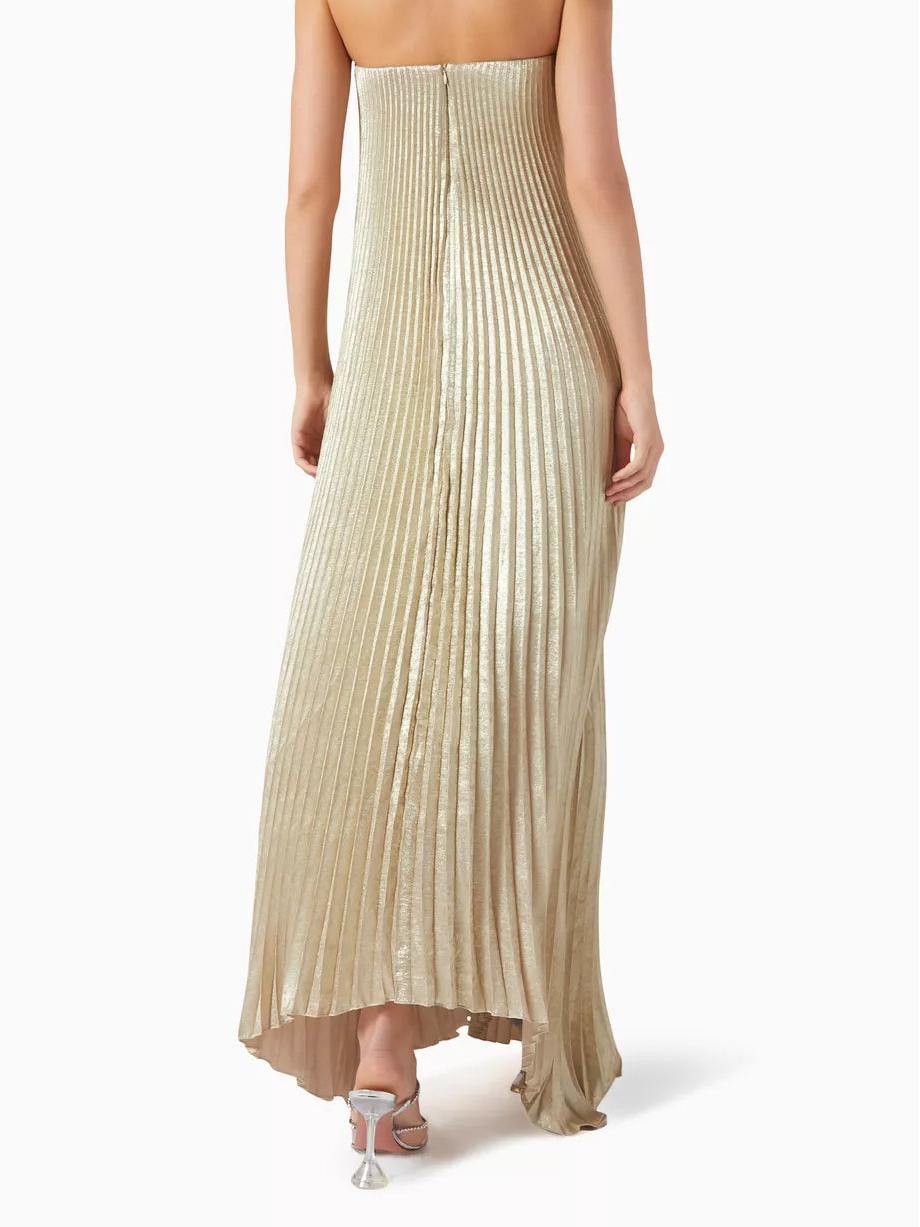 Strapless Metallic Plisse V-Notch Trapeze Maxi Gown