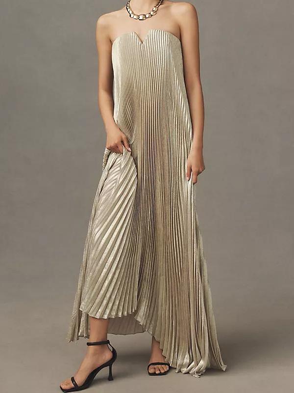Strapless Metallic Plisse V-Notch Trapeze Maxi Gown