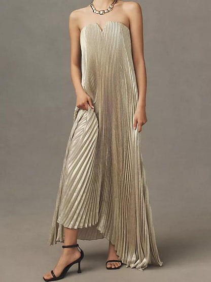 Strapless Metallic Plisse V-Notch Trapeze Maxi Gown