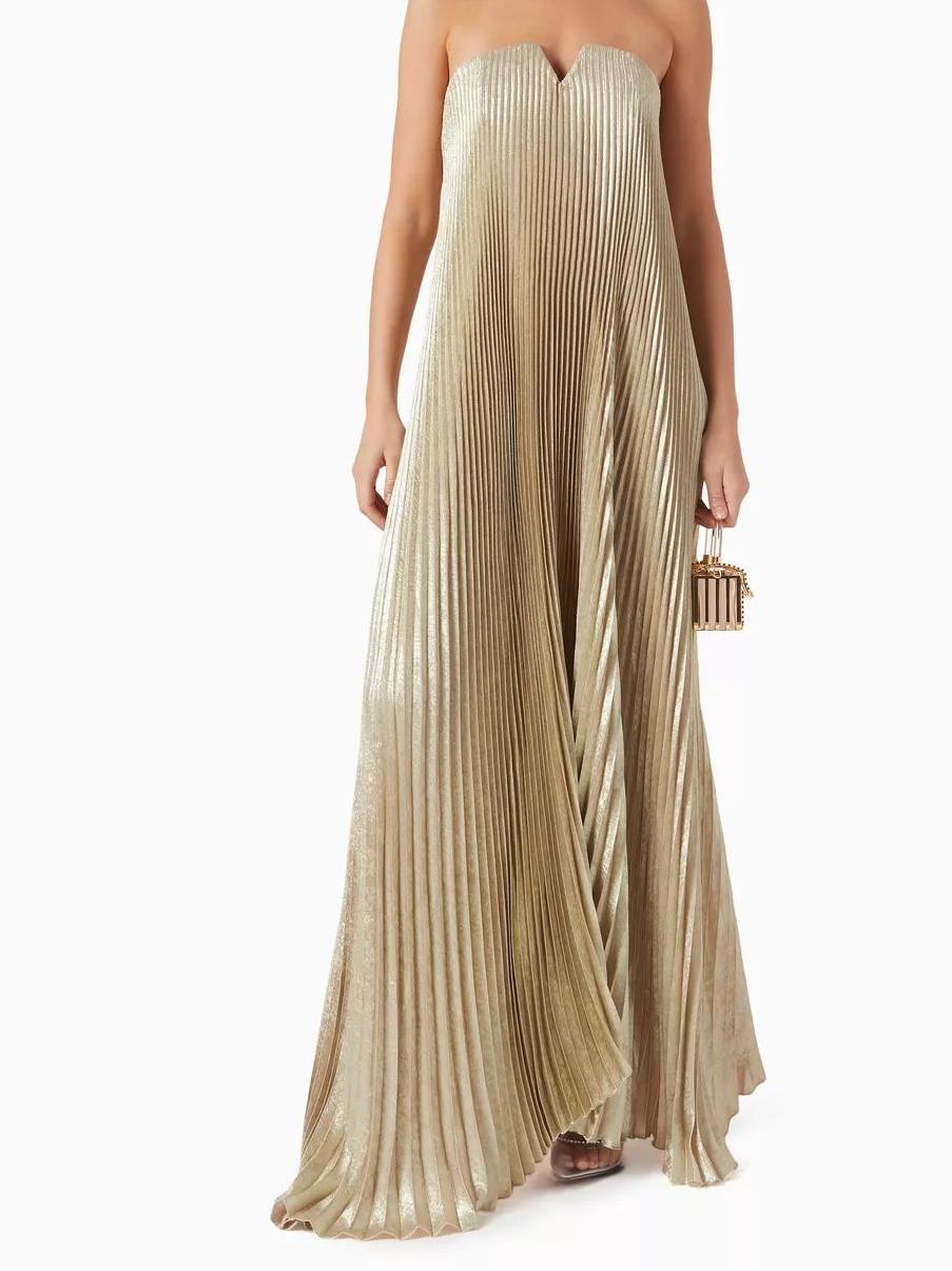 Strapless Metallic Plisse V-Notch Trapeze Maxi Gown