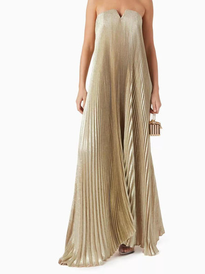 Strapless Metallic Plisse V-Notch Trapeze Maxi Gown