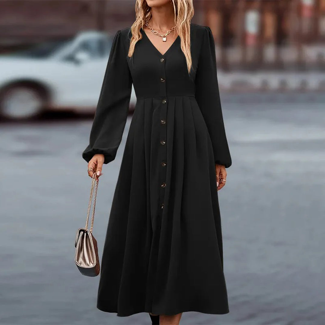 Deep V-Neck Bishop Sleeve Button-Front Pleated A-Line Midi Dress