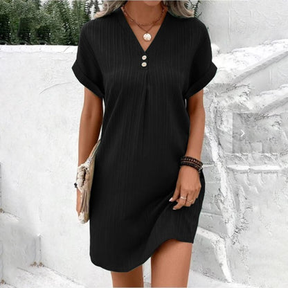 Rib Knit V-Neck Button Placket Cuffed Sleeve Shift Mini Dress