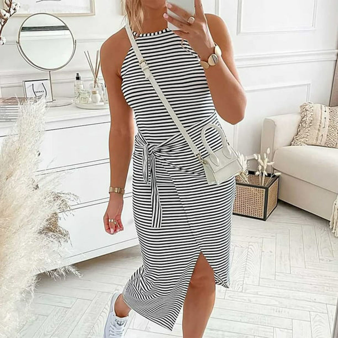 Horizontal Stripe High Neck Tie Waist Wrap Slit Midi Dress