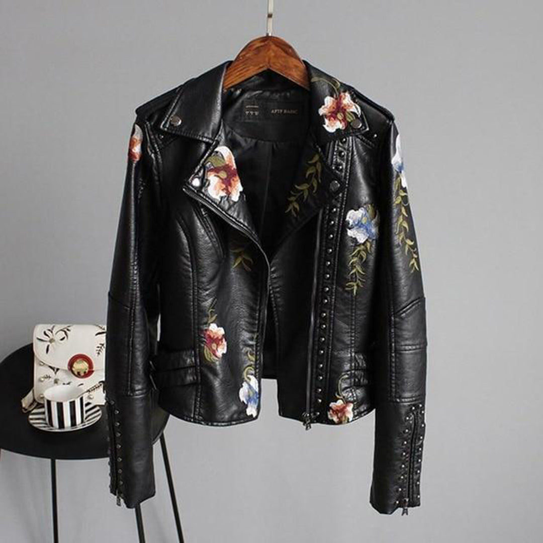 | Women's Floral Design Zip-up Biker Jacket