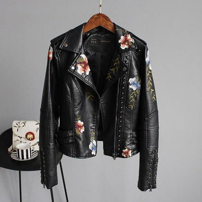 | Women's Floral Design Zip-up Biker Jacket