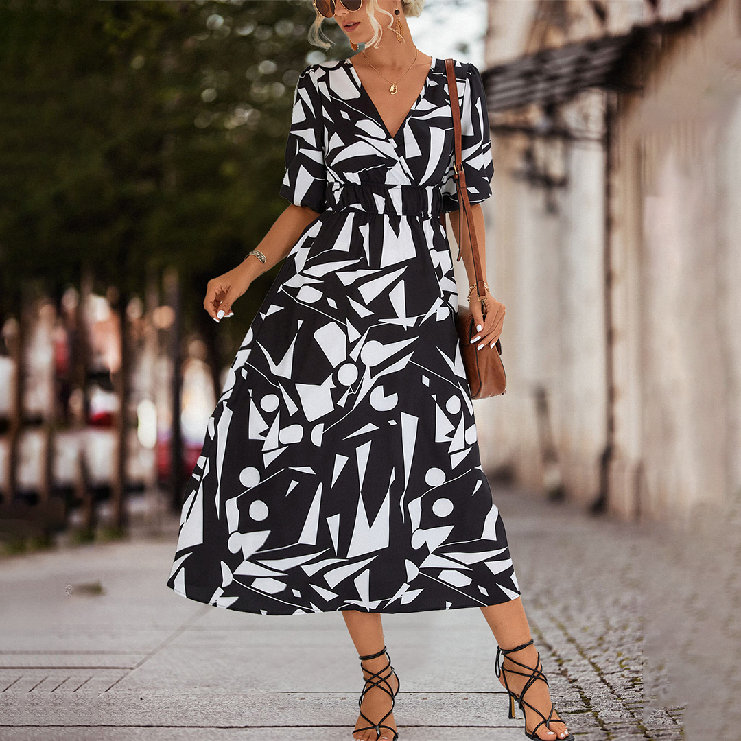 Deep V-Neck Puff Sleeve Smocked Waist Abstract Geometric Print Midi Dress