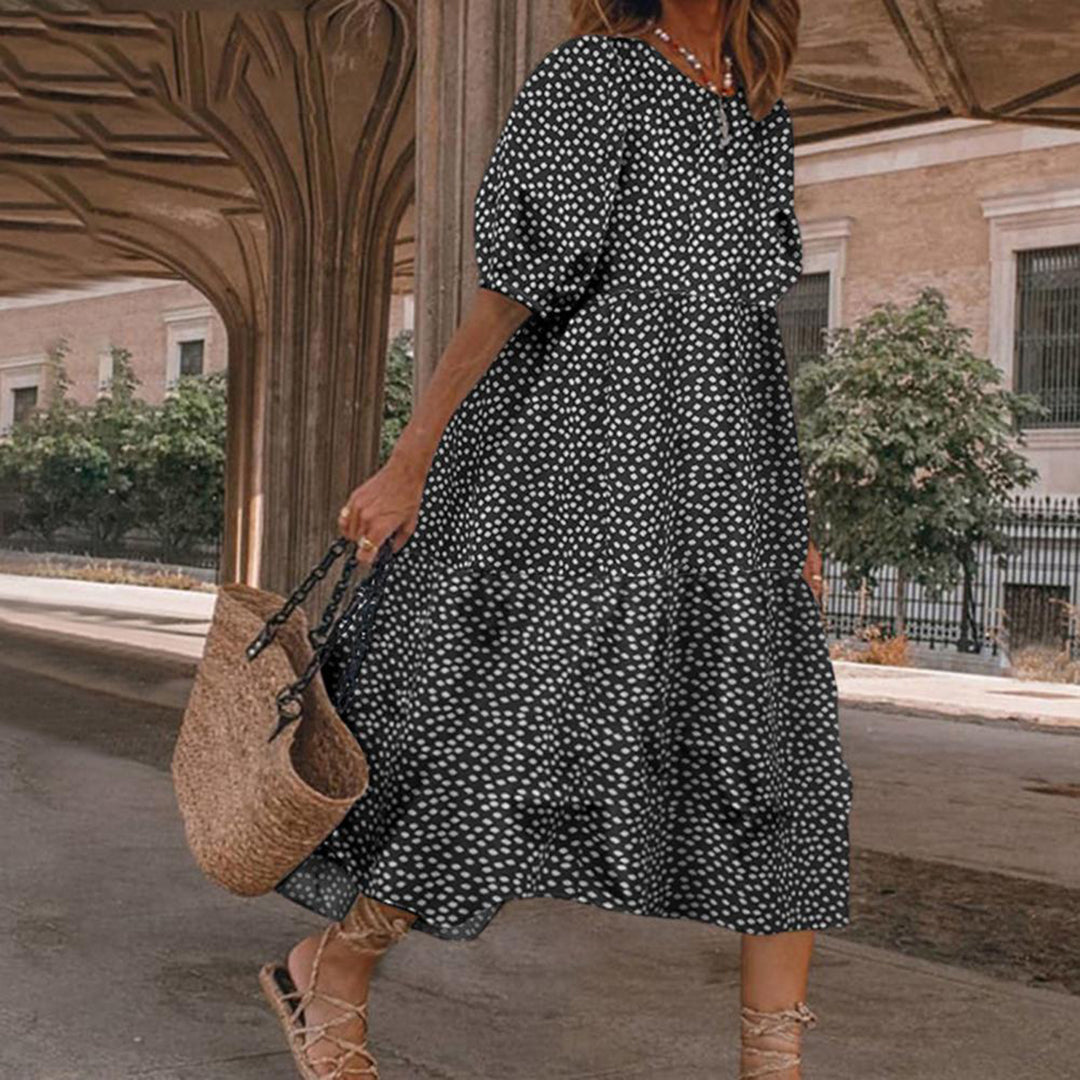 Ditsy Dot Print Puff Sleeve Round Neck Tiered Midi Dress