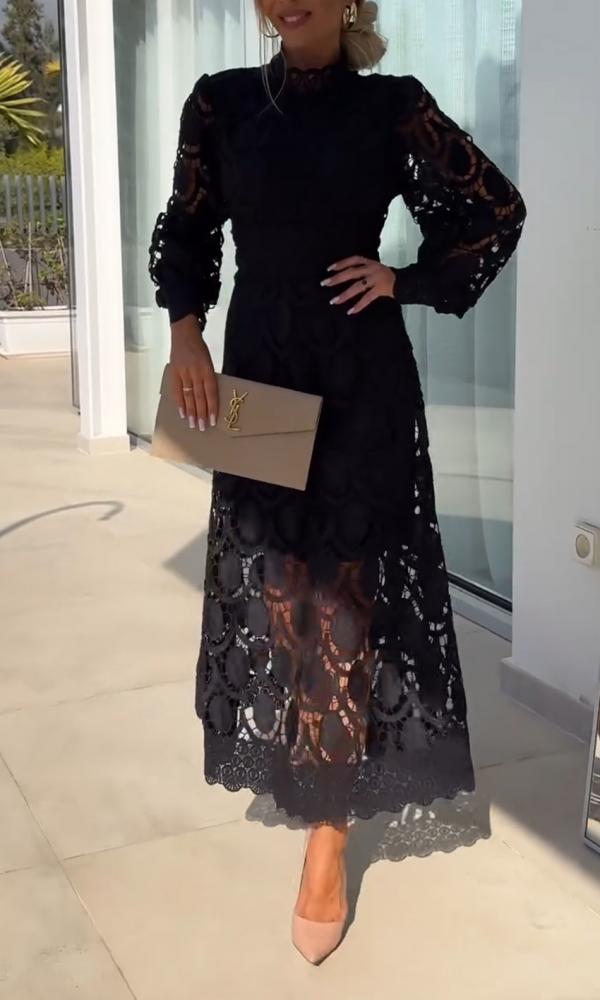 Guipure Lace Mock Neck Puff Sleeve Scalloped Hem A-Line Midi Dress