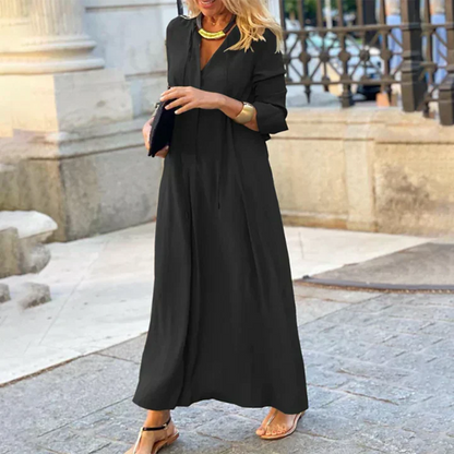 Split V-Neck Tie Detail Long Sleeve Oversized Flowy Maxi Dress